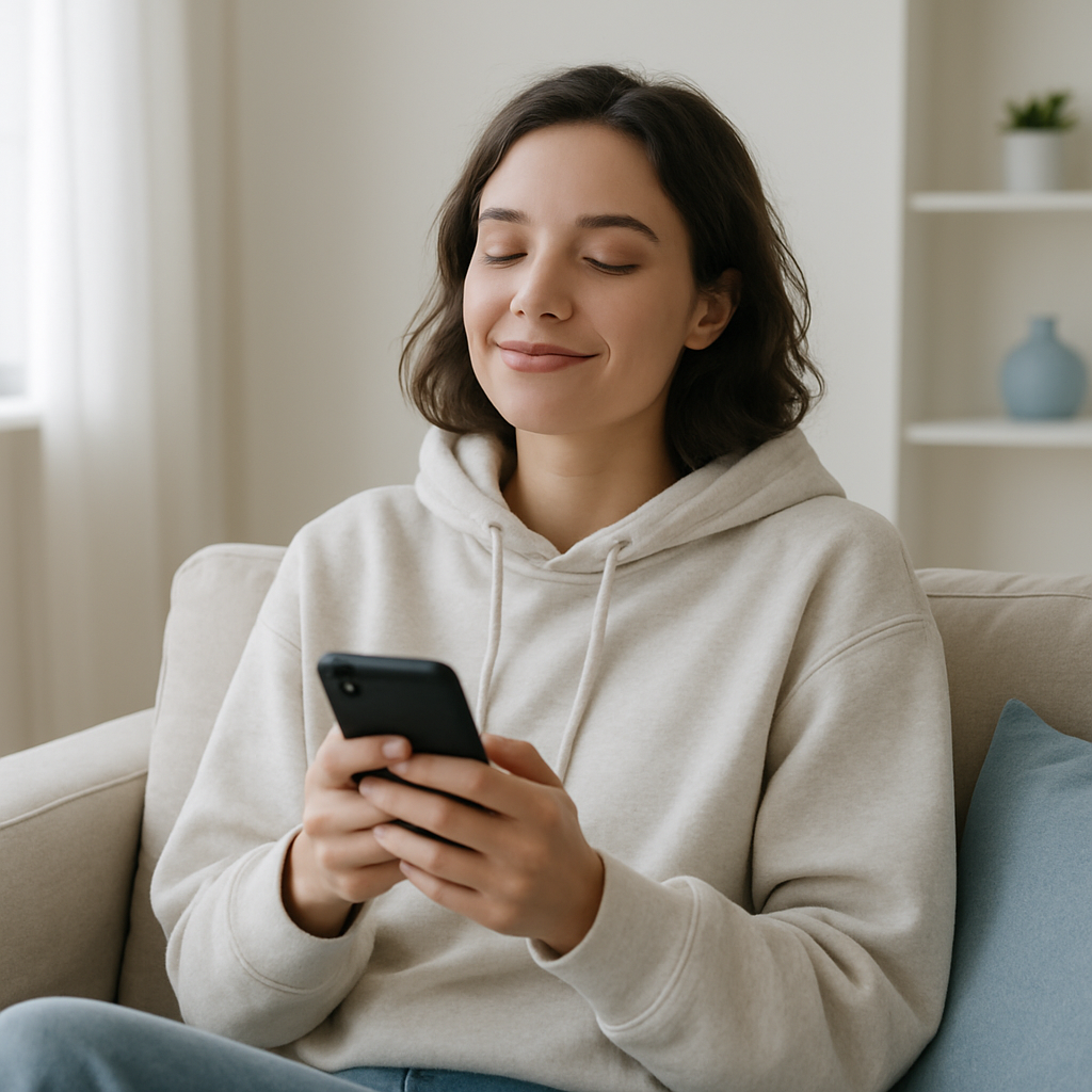 Junge Person sitzt entspannt zu Hause mit dem Smartphone